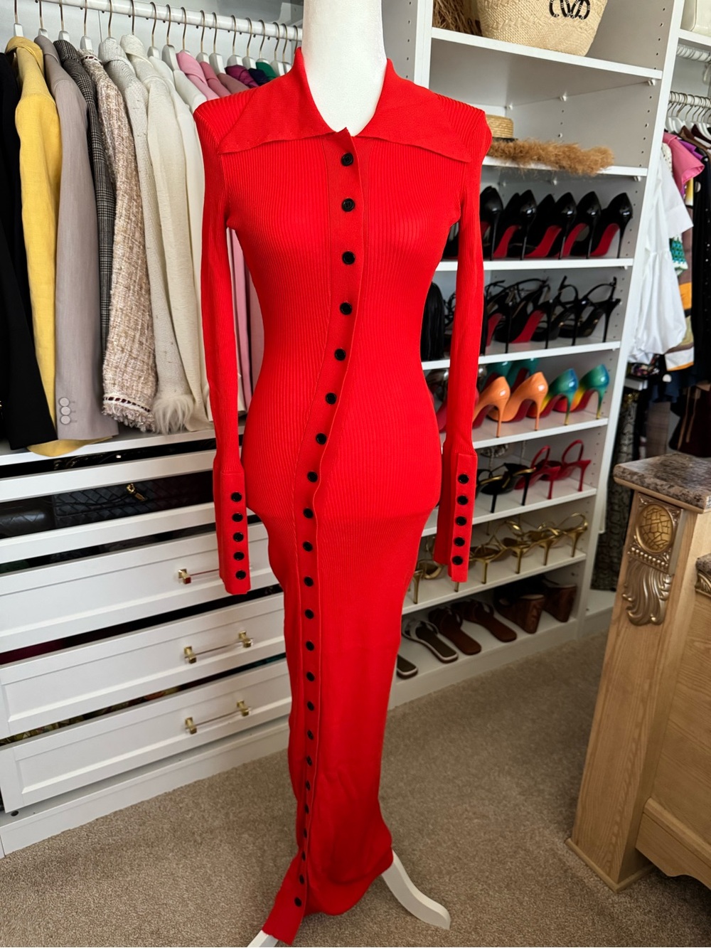 Fumi The Label-Naomi- Ribbed asymmetrical Button-Front Maxi Dress in Scarlet Red